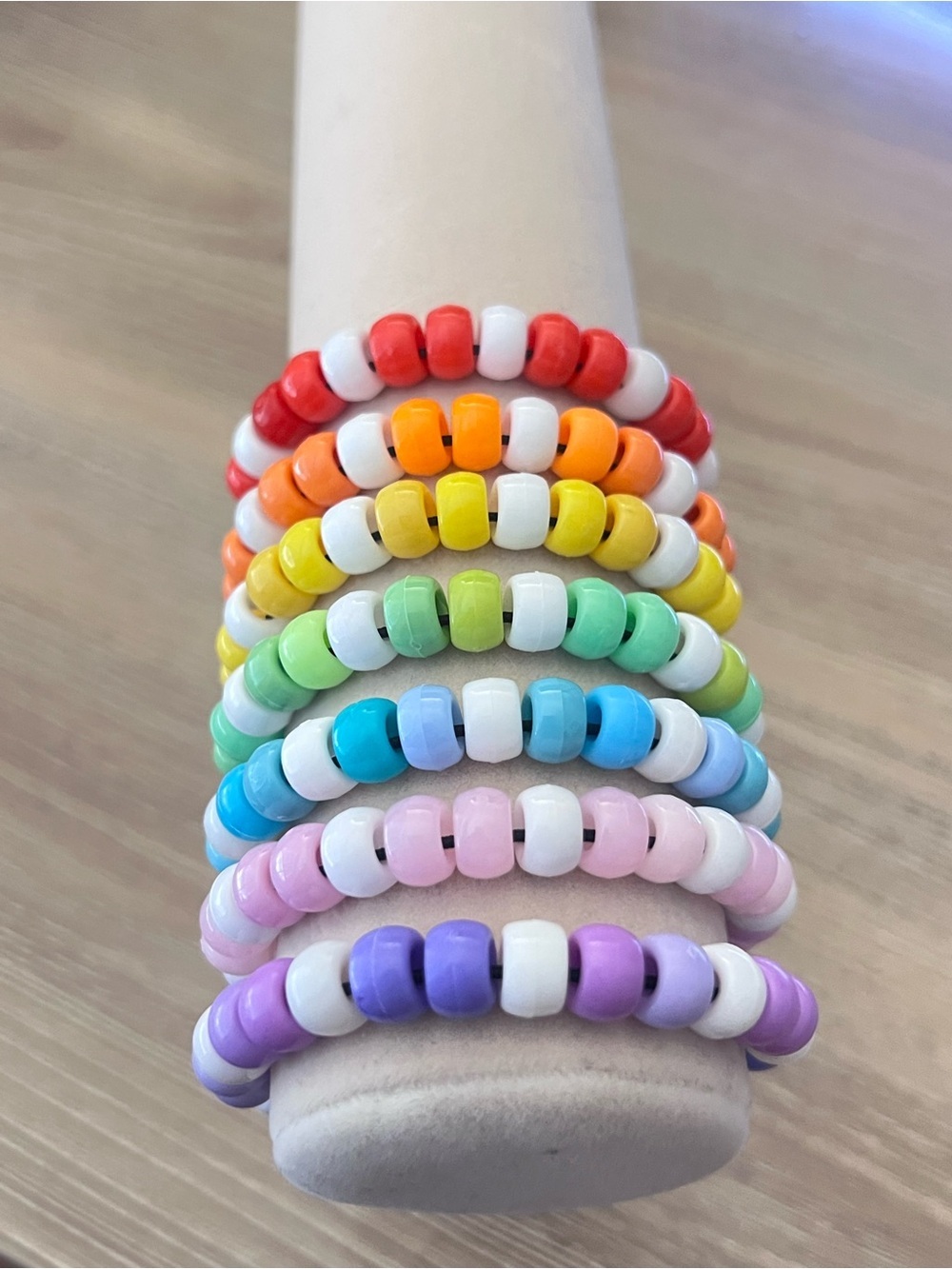 Rainbow Kandi Beaded Bracelet Set – 7 Piece Stretch Stack Y2K Rave Pastel - Picture 2 of 2